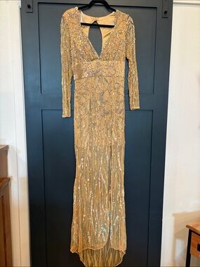 701. Primavera Couture Gold Beaded Long Sleeve Gown